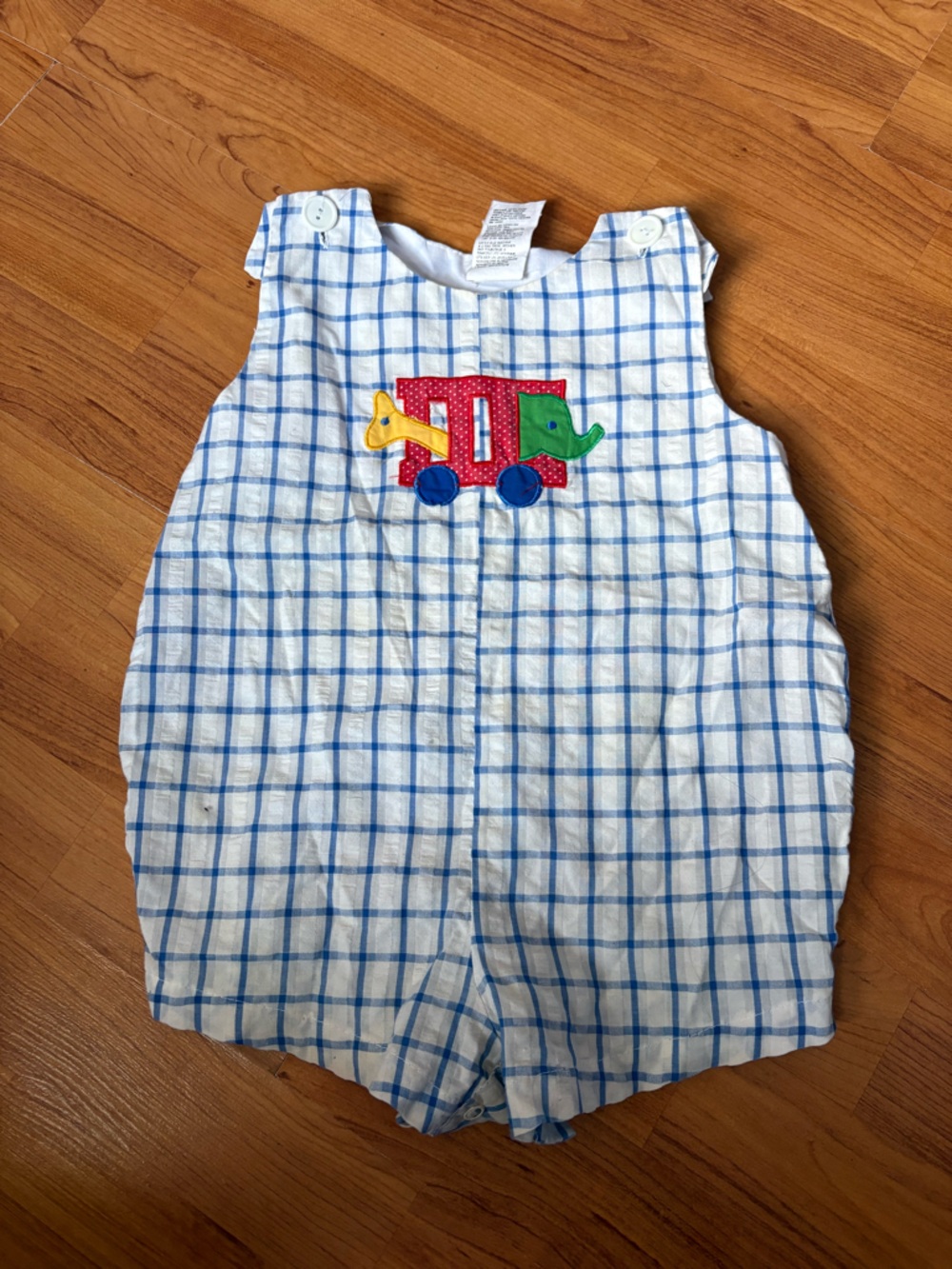 Blue and White  Checked Vintage Baby Romper with Colorful Train Applique